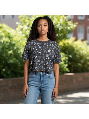 Mystical Black Graphic Crop Top With Skulls Stars & Witchy Icons Medium Soft Fab